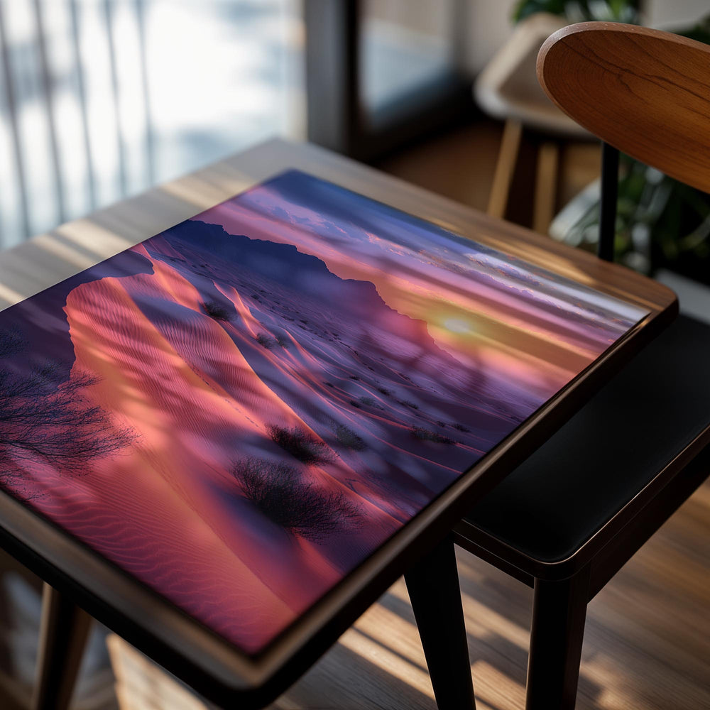 Desert landscape with sand dunes and mountains at sunset, as a premium aluminum metal print from GoMetalPrint.
