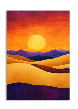 Surreal landscape with a large sun and wavy patterns in orange, purple, and blue, as a premium aluminum metal print from GoMetalPrint.
