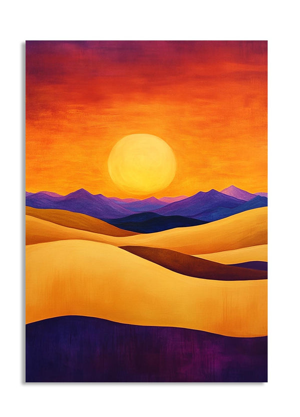 Surreal landscape with a large sun and wavy patterns in orange, purple, and blue, as a premium aluminum metal print from GoMetalPrint.

