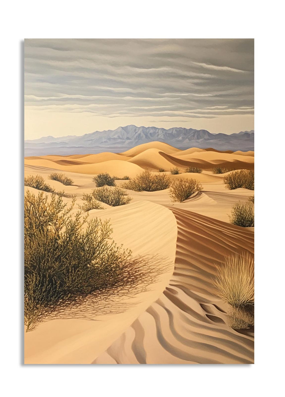 Desert landscape with sand dunes and sparse vegetation under a cloudy sky, as a premium aluminum metal print from GoMetalPrint.
