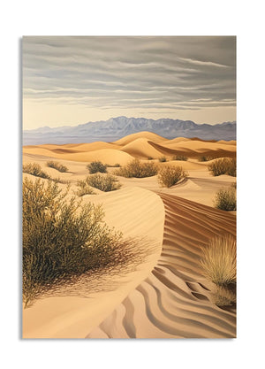 Desert landscape with sand dunes and sparse vegetation under a cloudy sky, as a premium aluminum metal print from GoMetalPrint.
