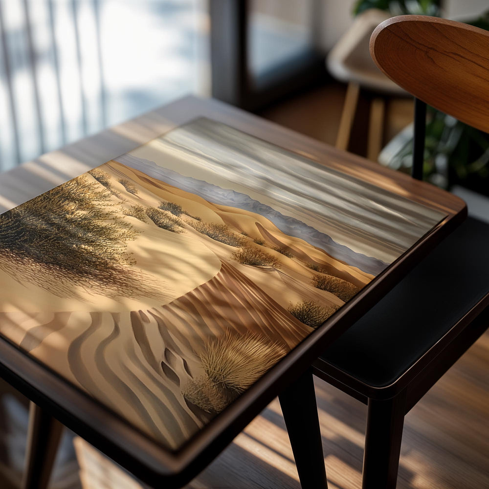 Desert landscape with sand dunes and sparse vegetation under a cloudy sky, as a premium aluminum metal print from GoMetalPrint.

