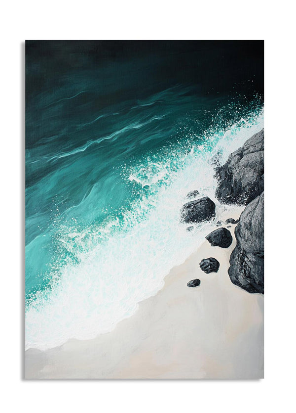 Turquoise ocean waves crashing against rocks on a beach, as a premium aluminum metal print from GoMetalPrint.
