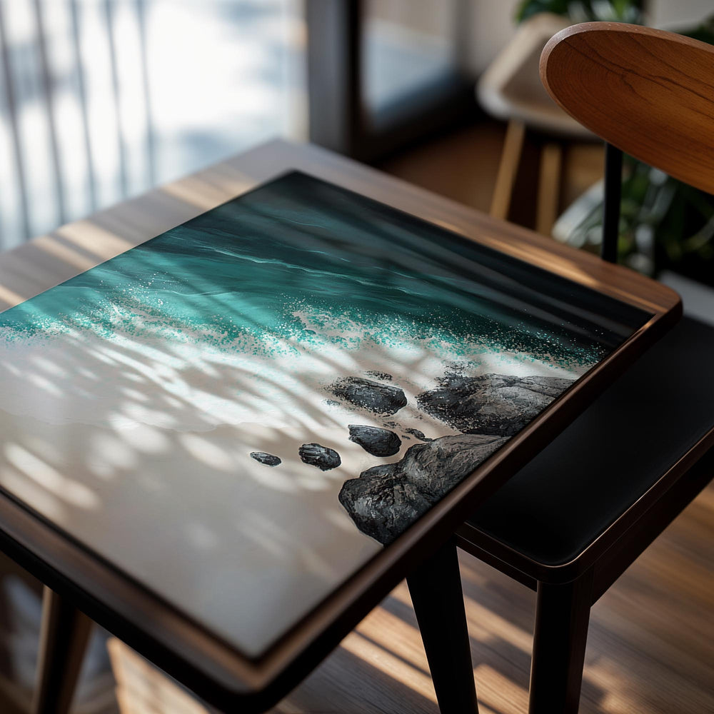 Turquoise ocean waves crashing against rocks on a beach, as a premium aluminum metal print from GoMetalPrint.
