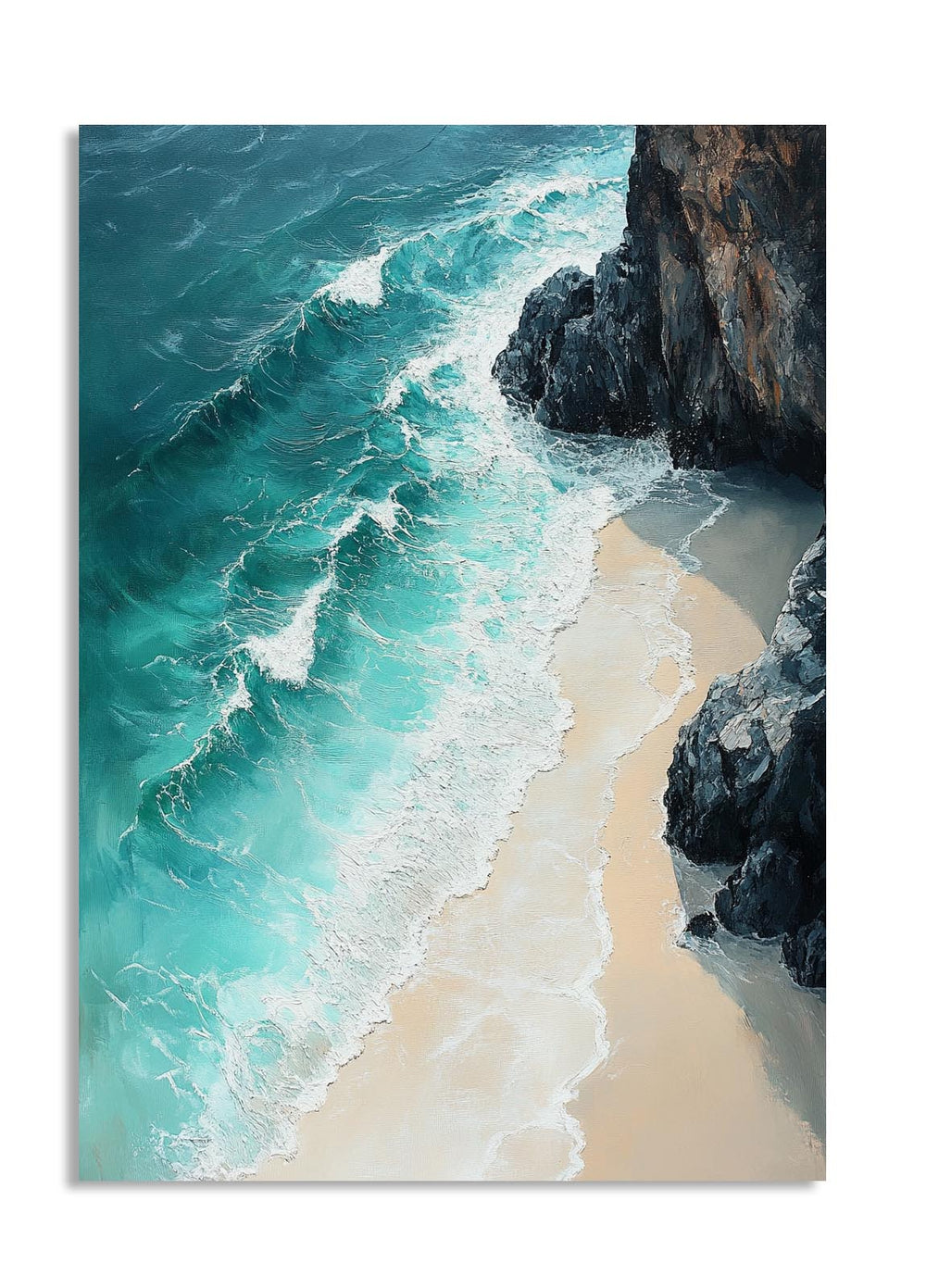 Turquoise ocean waves crashing against a rocky beach, as a premium aluminum metal print from GoMetalPrint.
