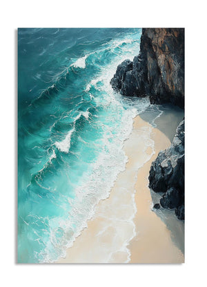 Turquoise ocean waves crashing against a rocky beach, as a premium aluminum metal print from GoMetalPrint.
