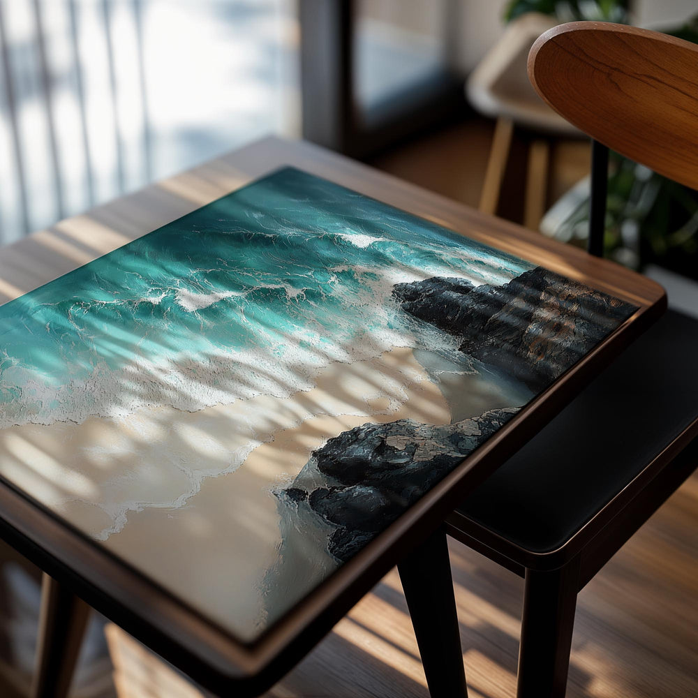 Turquoise ocean waves crashing against a rocky beach, as a premium aluminum metal print from GoMetalPrint.
