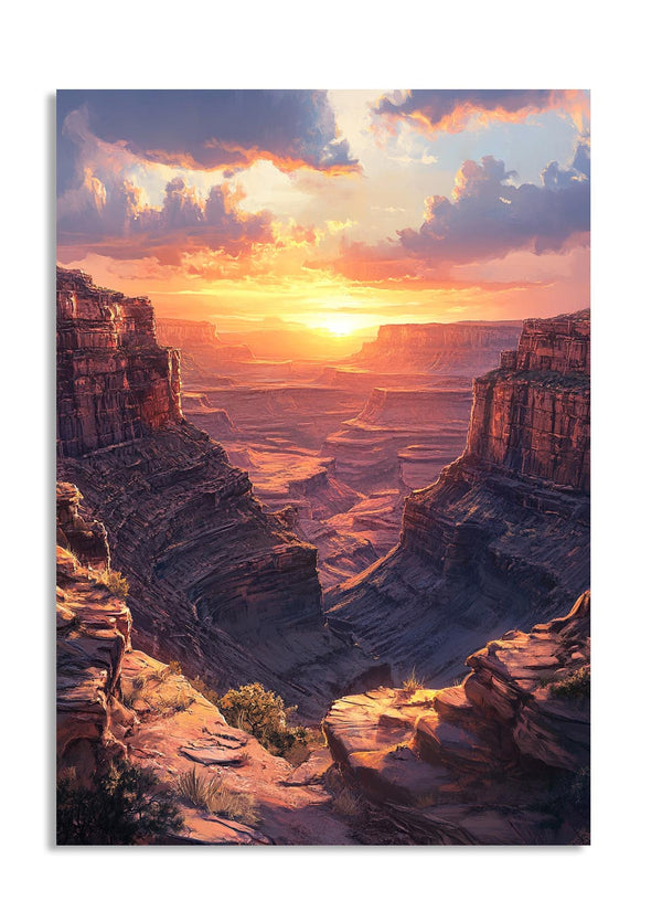 Sunset over the Grand Canyon with vibrant colors and dramatic clouds, as a premium aluminum metal print from GoMetalPrint.
