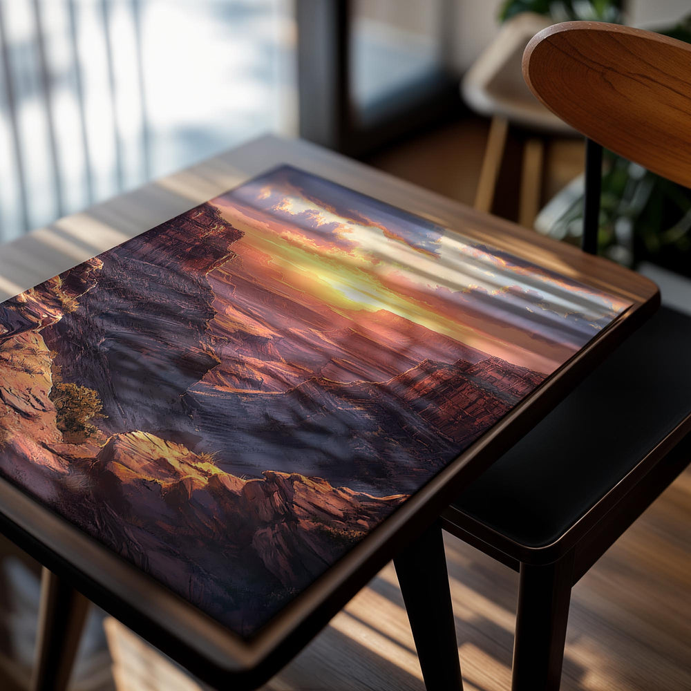Sunset over the Grand Canyon with vibrant colors and dramatic clouds, as a premium aluminum metal print from GoMetalPrint.
