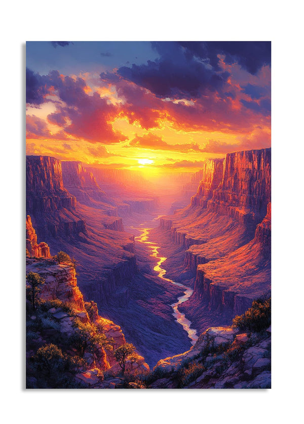 Sunset over a canyon with a river winding through it, as a premium aluminum metal print from GoMetalPrint.
