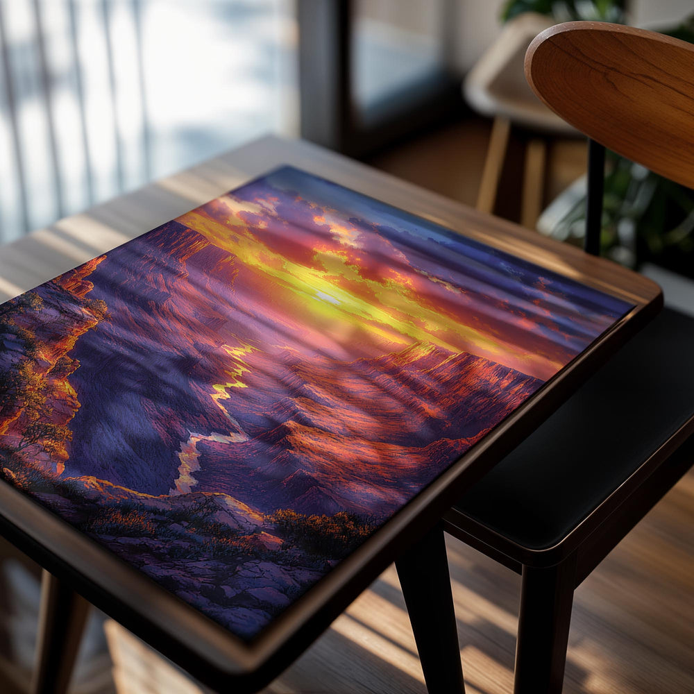 Sunset over a canyon with a river winding through it, as a premium aluminum metal print from GoMetalPrint.
