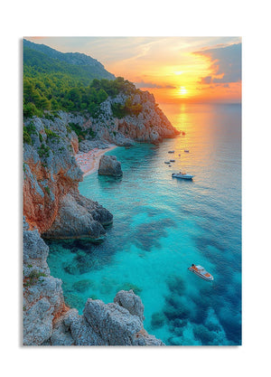 Sunset over a coastal landscape with rocky cliffs and clear blue water, as a premium aluminum metal print from GoMetalPrint.
