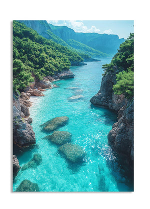 Turquoise sea surrounded by rocky cliffs and greenery, as a premium aluminum metal print from GoMetalPrint.
