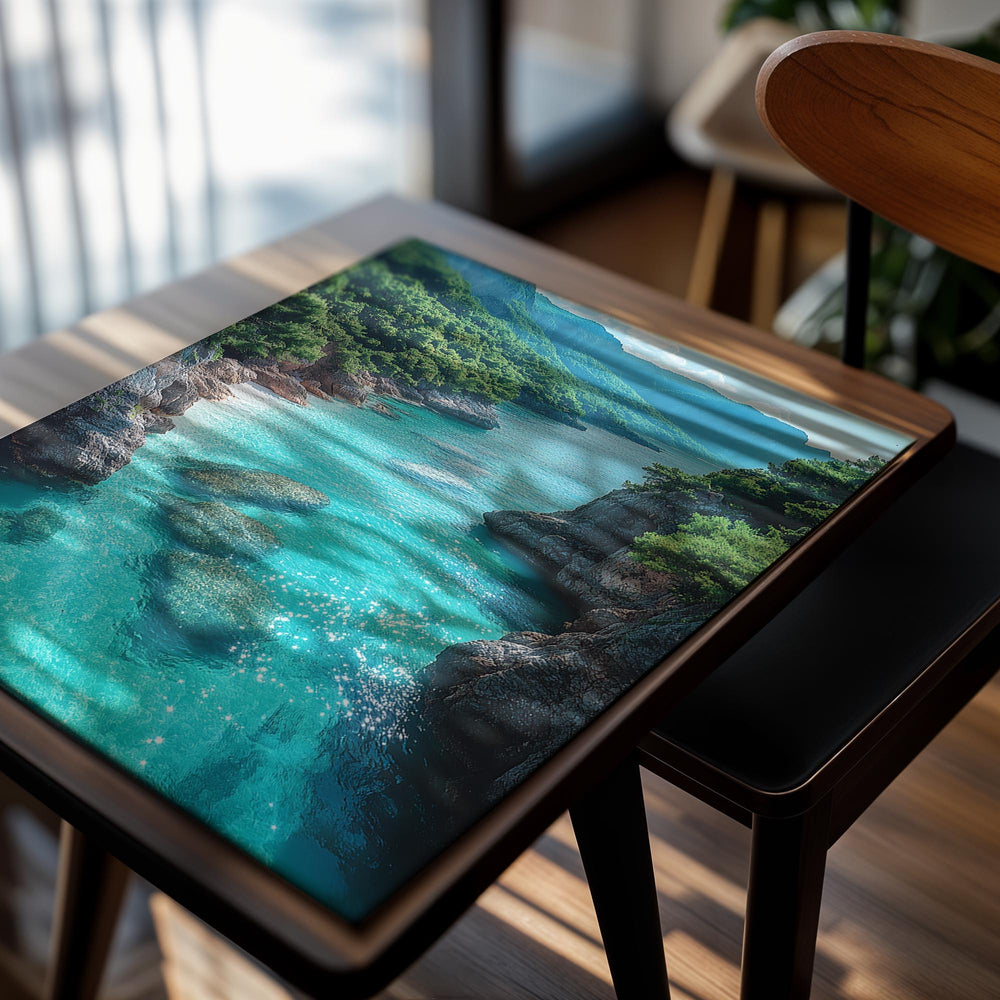 Turquoise sea surrounded by rocky cliffs and greenery, as a premium aluminum metal print from GoMetalPrint.

