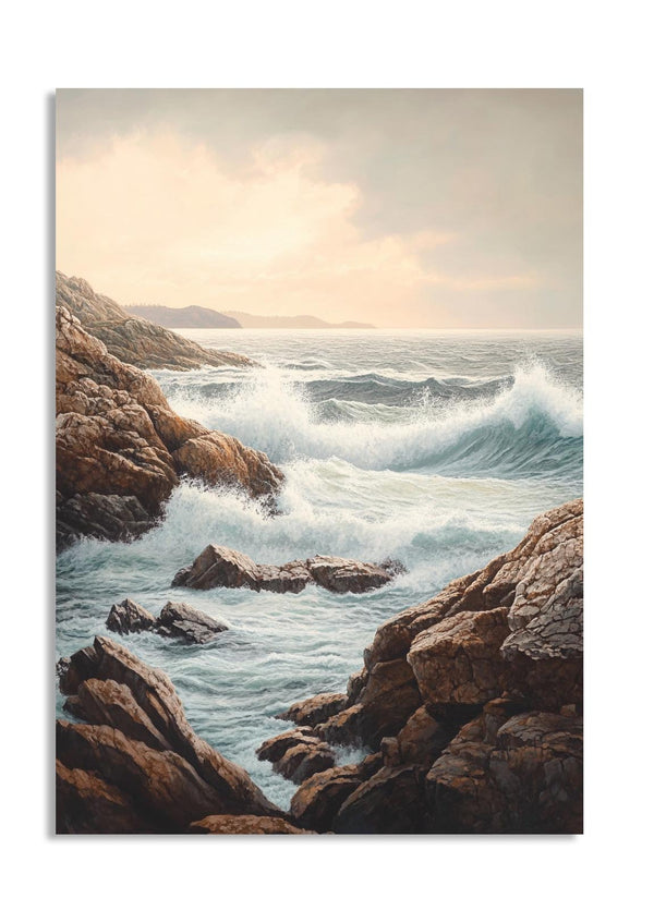 Scenic view of waves crashing against rocky shores with a pastel sky, as a premium aluminum metal print from GoMetalPrint.
