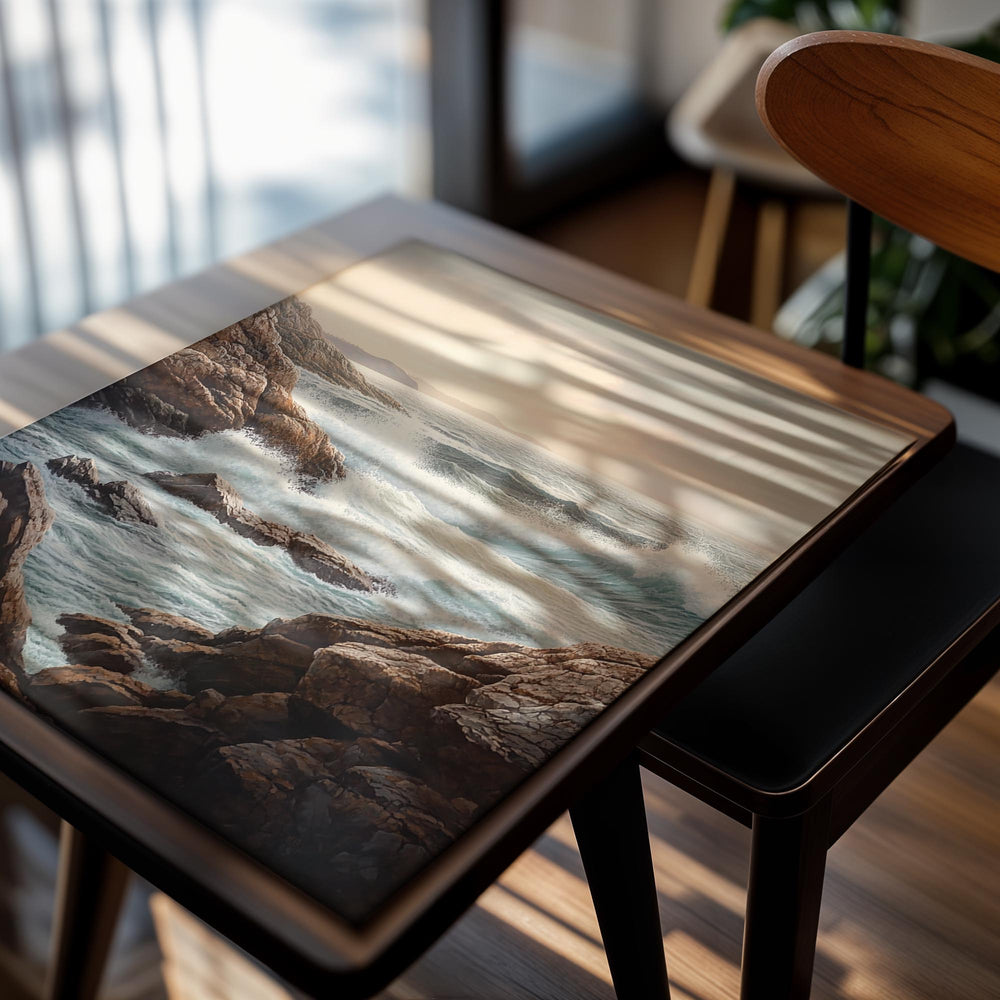 Scenic view of waves crashing against rocky shores with a pastel sky, as a premium aluminum metal print from GoMetalPrint.
