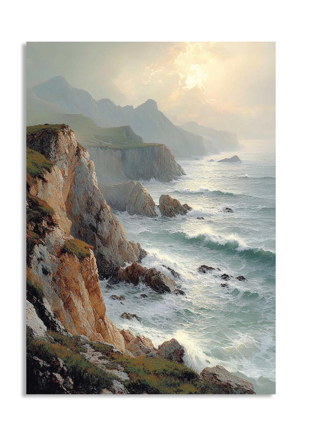 Scenic view of a coastal landscape with cliffs and ocean waves, as a premium aluminum metal print from GoMetalPrint.
