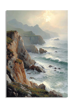 Scenic view of a coastal landscape with cliffs and ocean waves, as a premium aluminum metal print from GoMetalPrint.
