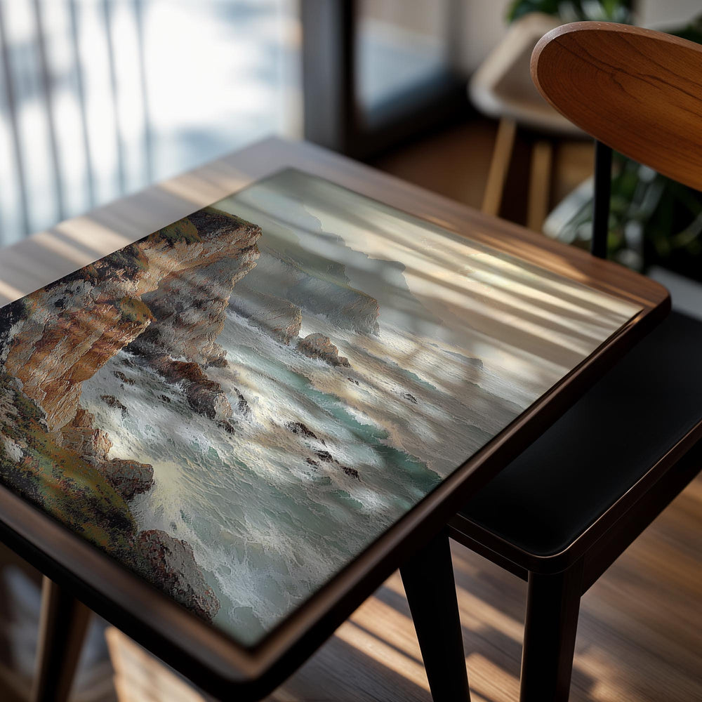 Scenic view of a coastal landscape with cliffs and ocean waves, as a premium aluminum metal print from GoMetalPrint.
