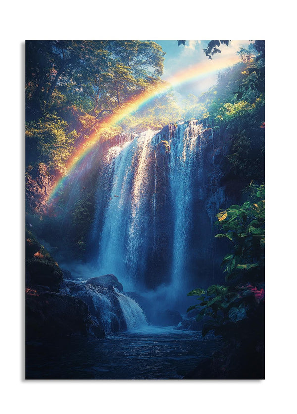 Waterfall with a rainbow in a forest, as a premium aluminum metal print from GoMetalPrint.
