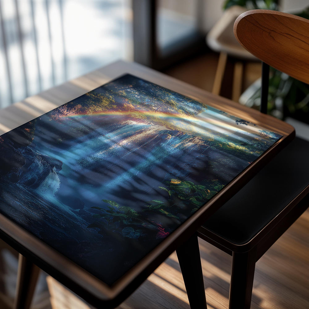 Waterfall with a rainbow in a forest, as a premium aluminum metal print from GoMetalPrint.
