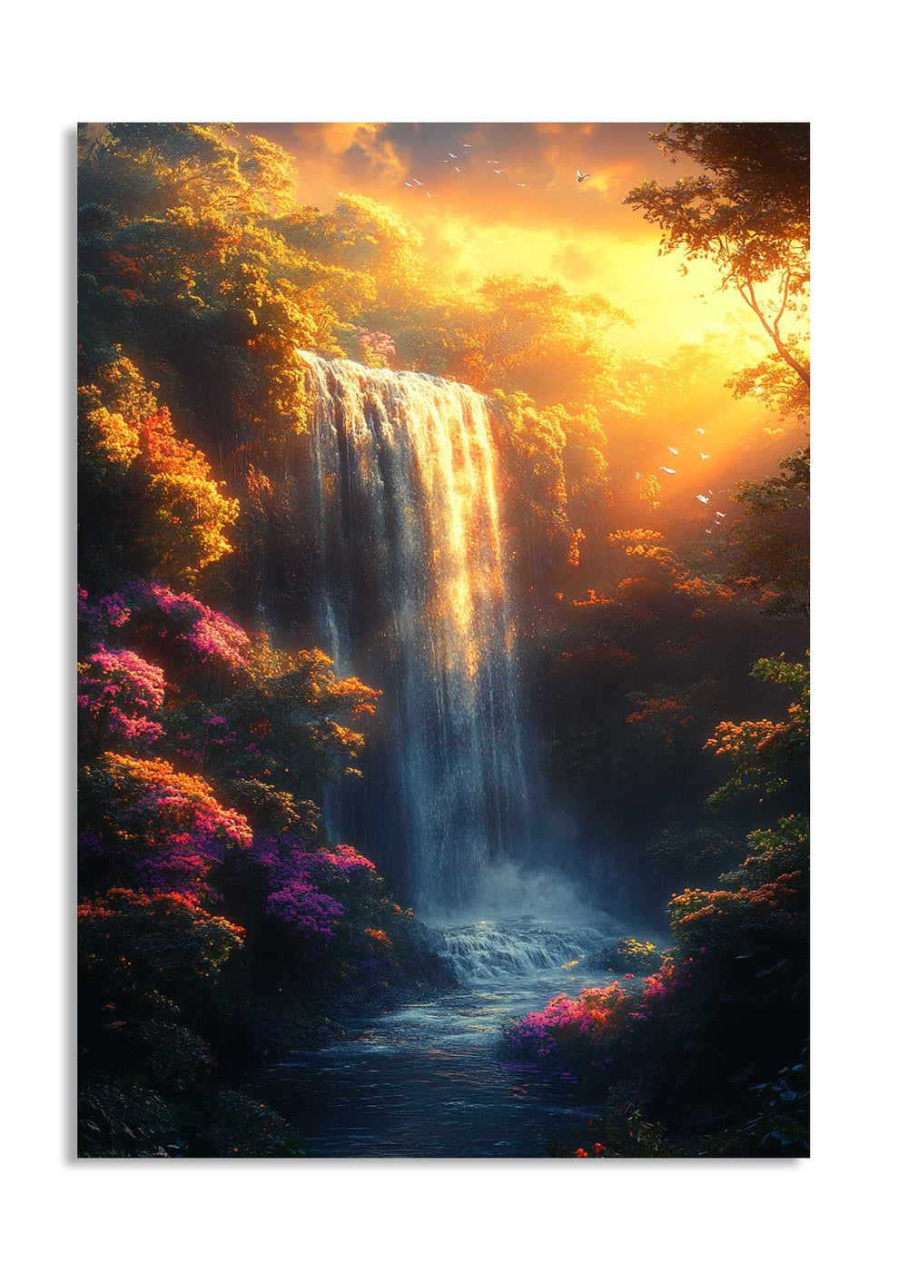 Waterfall in a vibrant forest with colorful foliage, as a premium aluminum metal print from GoMetalPrint.
