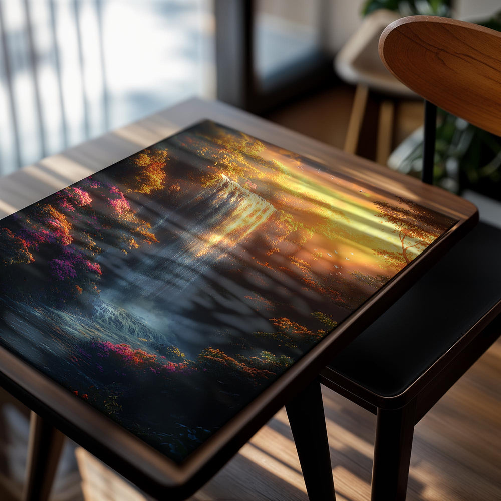 Waterfall in a vibrant forest with colorful foliage, as a premium aluminum metal print from GoMetalPrint.
