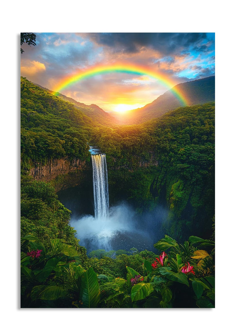 Rainbow over a waterfall in a lush green forest with a sunset sky, as a premium aluminum metal print from GoMetalPrint.

