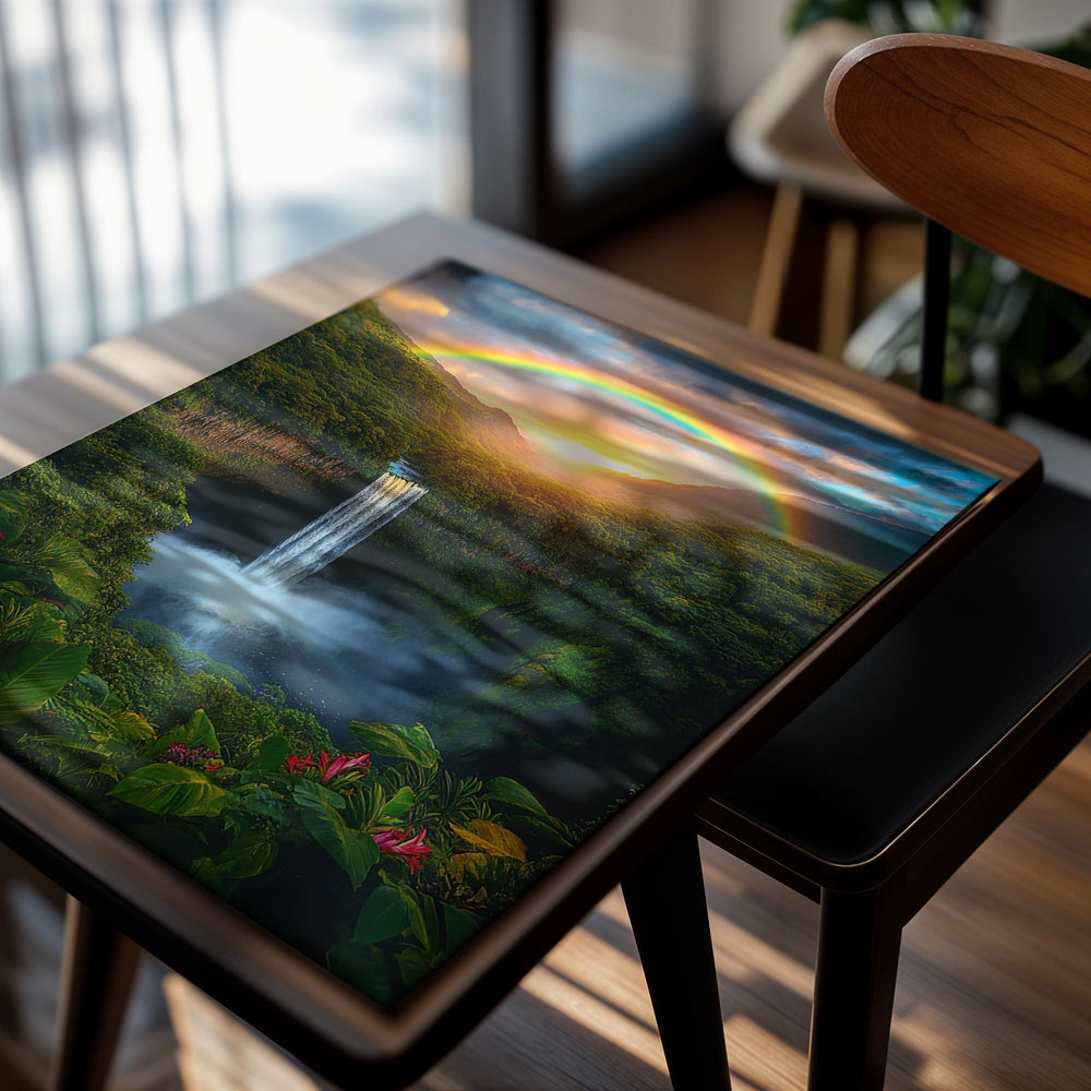 Rainbow over a waterfall in a lush green forest with a sunset sky, as a premium aluminum metal print from GoMetalPrint.
