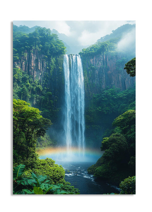 Tall waterfall surrounded by lush greenery with a rainbow in the mist, as a premium aluminum metal print from GoMetalPrint.
