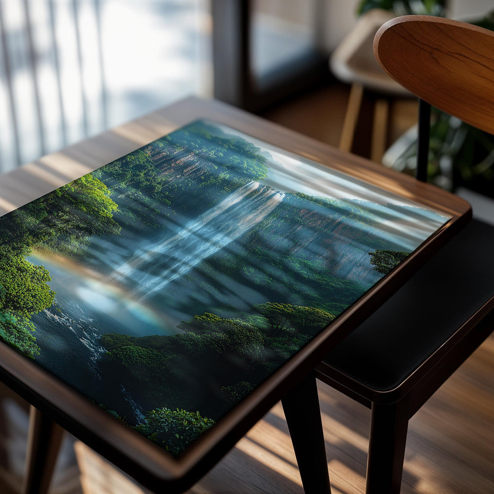 Tall waterfall surrounded by lush greenery with a rainbow in the mist, as a premium aluminum metal print from GoMetalPrint.
