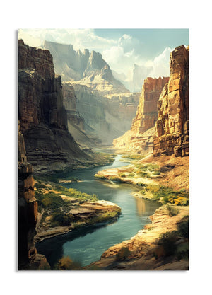 Painting of a river winding through a canyon with tall rock formations, as a premium aluminum metal print from GoMetalPrint.
