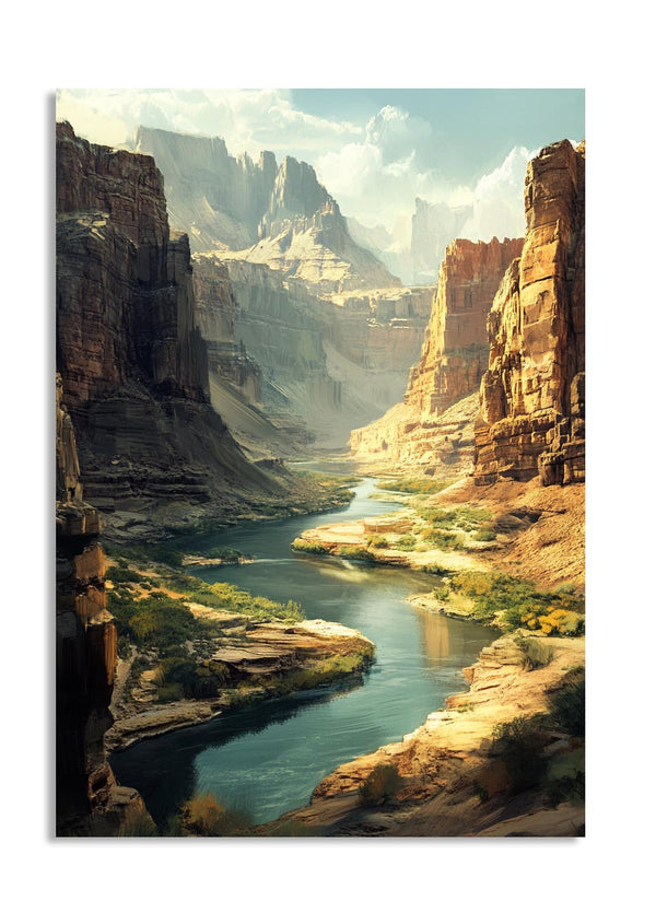 Painting of a river winding through a canyon with tall rock formations, as a premium aluminum metal print from GoMetalPrint.
