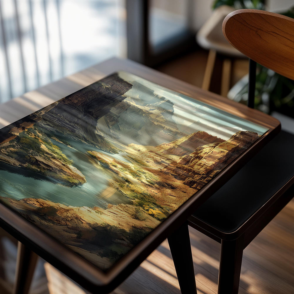 Painting of a river winding through a canyon with tall rock formations, as a premium aluminum metal print from GoMetalPrint.
