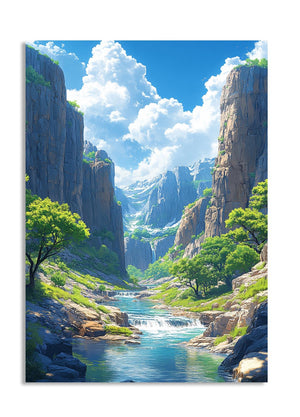 Scenic view of a river flowing through a valley with cliffs and trees, as a premium aluminum metal print from GoMetalPrint.
