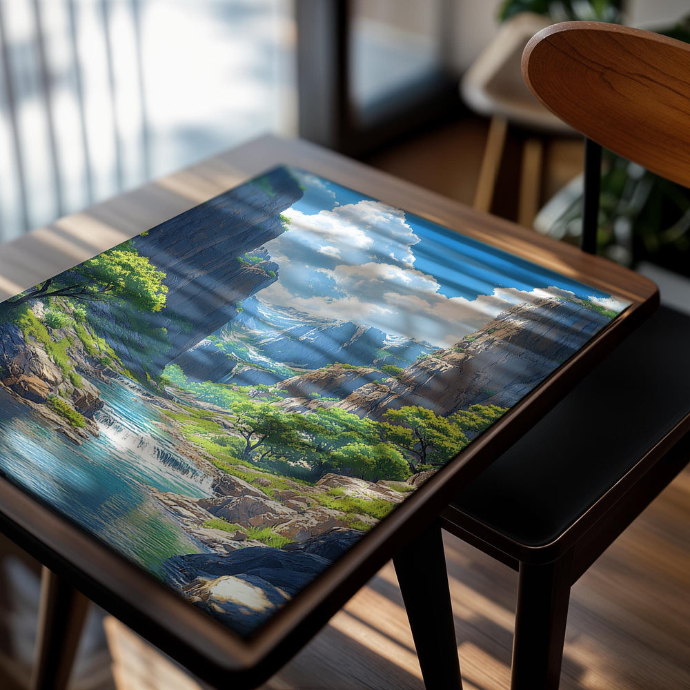 Scenic view of a river flowing through a valley with cliffs and trees, as a premium aluminum metal print from GoMetalPrint.
