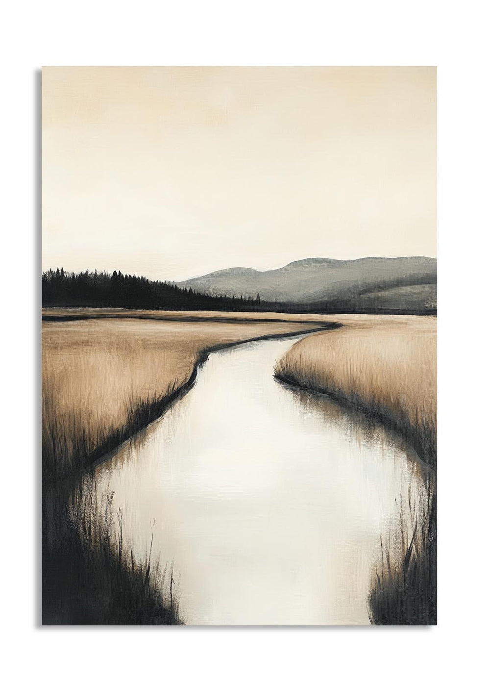 Artistic depiction of a landscape with a river flowing through fields and mountains in the background, as a premium aluminum metal print from GoMetalPrint.
