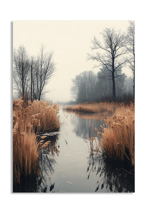 Misty landscape with trees and reeds along a water body, as a premium aluminum metal print from GoMetalPrint.
