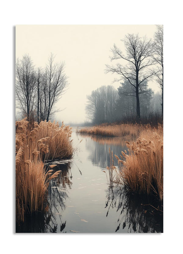 Misty landscape with trees and reeds along a water body, as a premium aluminum metal print from GoMetalPrint.
