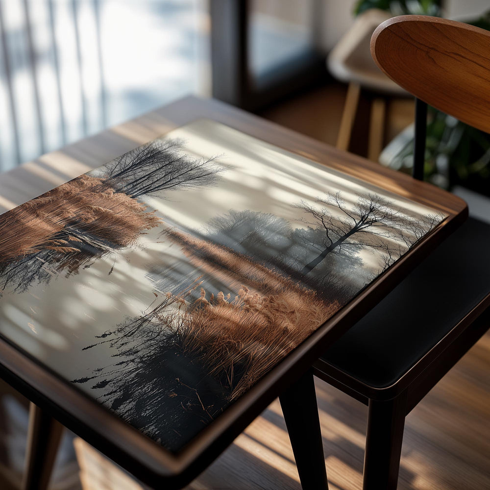 Misty landscape with trees and reeds along a water body, as a premium aluminum metal print from GoMetalPrint.
