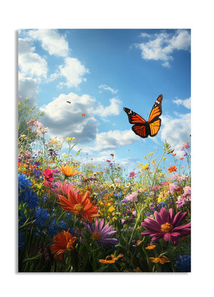 Butterfly flying over a field of colorful flowers with a blue sky in the background , as a premium aluminum metal print from GoMetalPrint.
