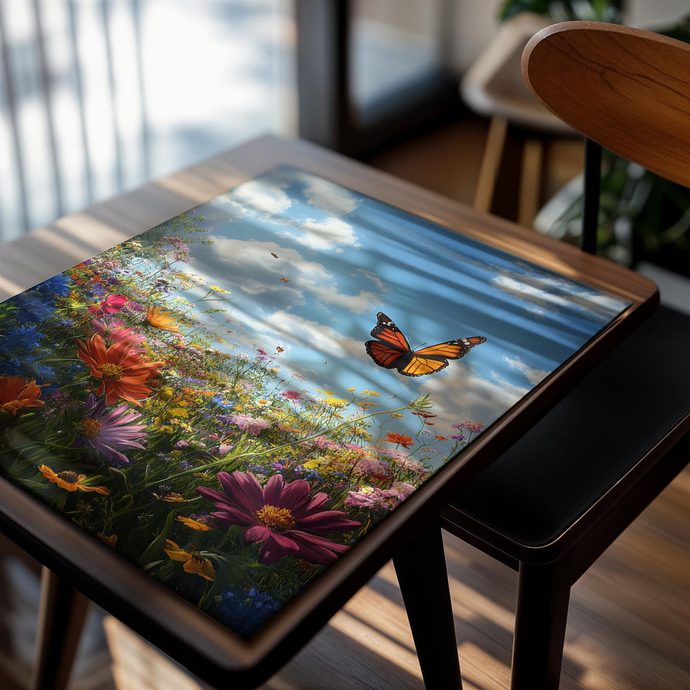 Butterfly flying over a field of colorful flowers with a blue sky in the background , as a premium aluminum metal print from GoMetalPrint.
