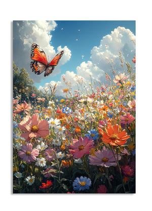 Butterfly over a field of colorful flowers with a blue sky and white clouds, as a premium aluminum metal print from GoMetalPrint.
