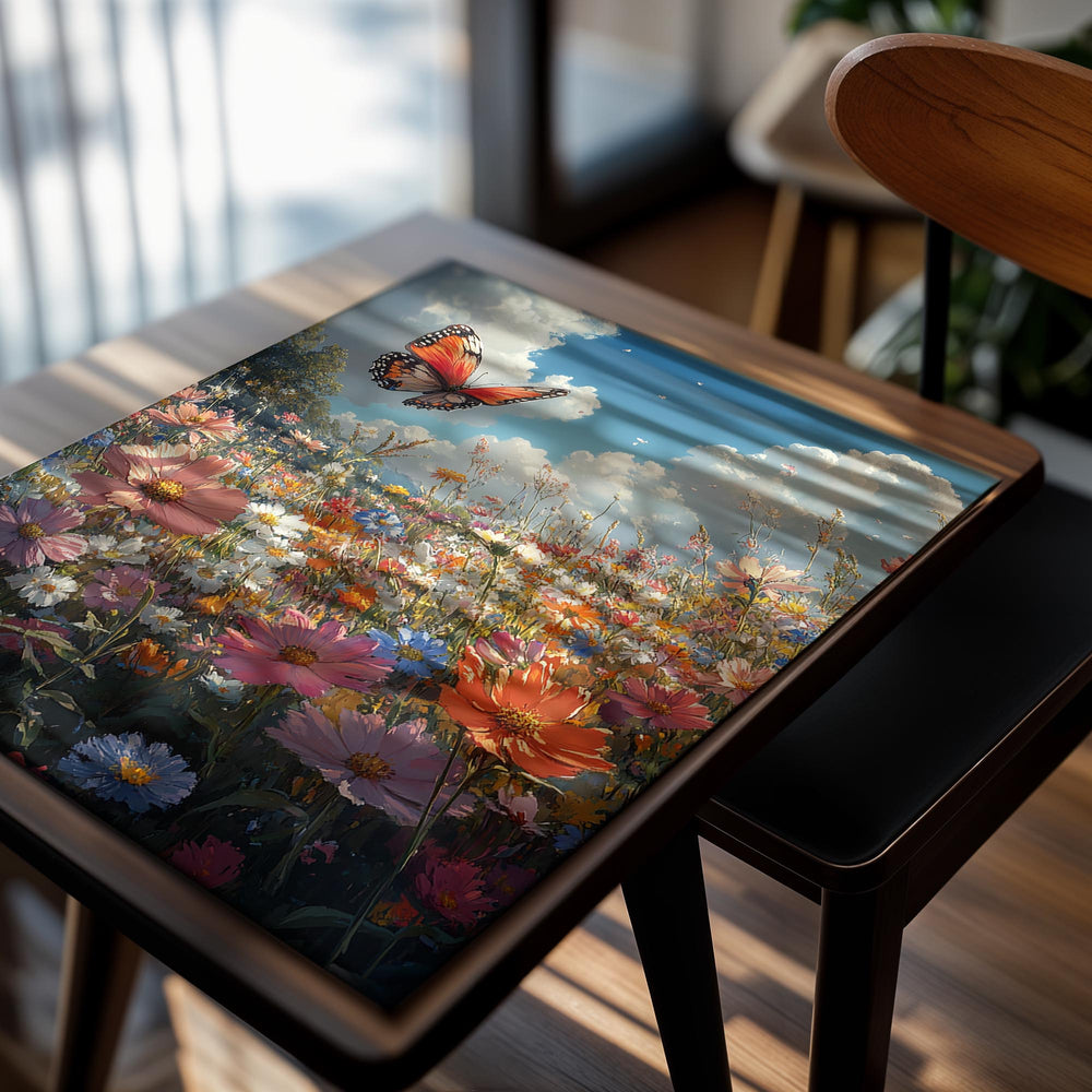 Butterfly over a field of colorful flowers with a blue sky and white clouds, as a premium aluminum metal print from GoMetalPrint.
