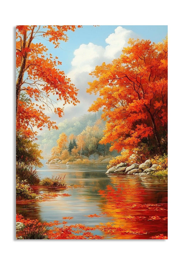 Autumn landscape with trees by a lake, as a premium aluminum metal print from GoMetalPrint.
