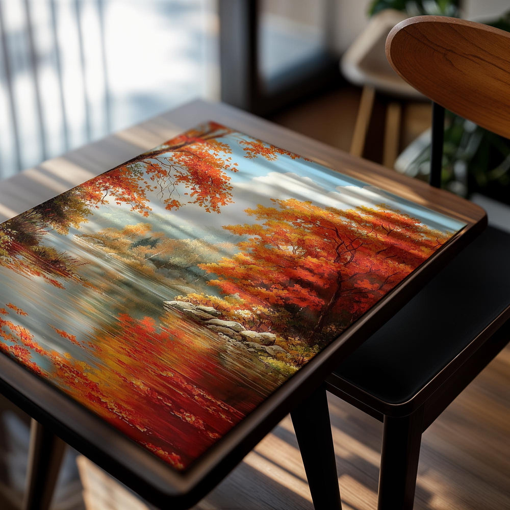 Autumn landscape with trees by a lake, as a premium aluminum metal print from GoMetalPrint.
