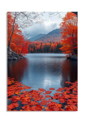 Autumn scene with red leaves floating on a lake surrounded by trees, as a premium aluminum metal print from GoMetalPrint.
