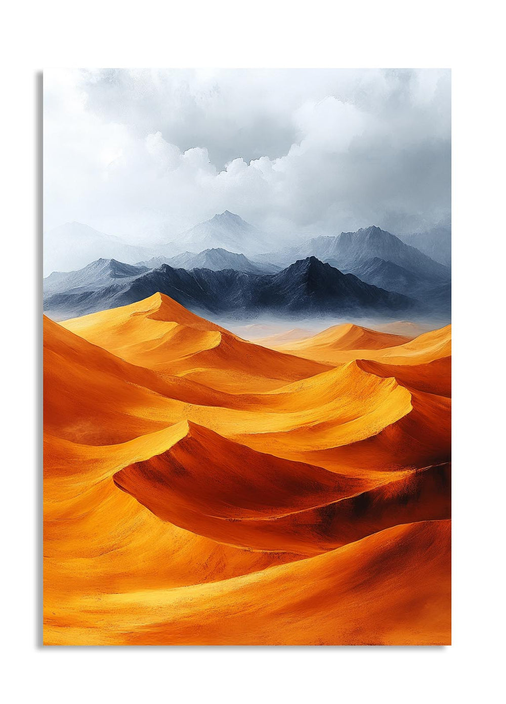 Desert landscape with orange sand dunes and mountains in the background, as a premium aluminum metal print from GoMetalPrint.
