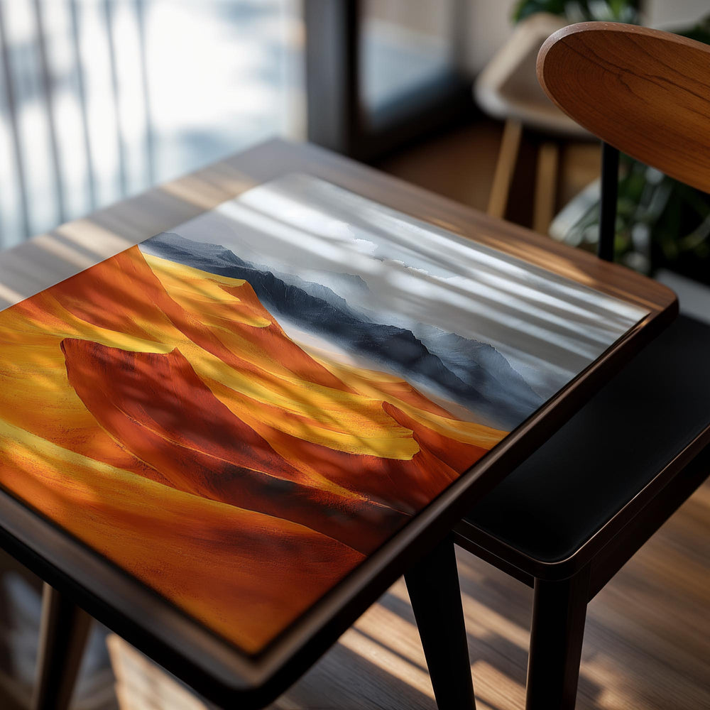 Desert landscape with orange sand dunes and mountains in the background, as a premium aluminum metal print from GoMetalPrint.
