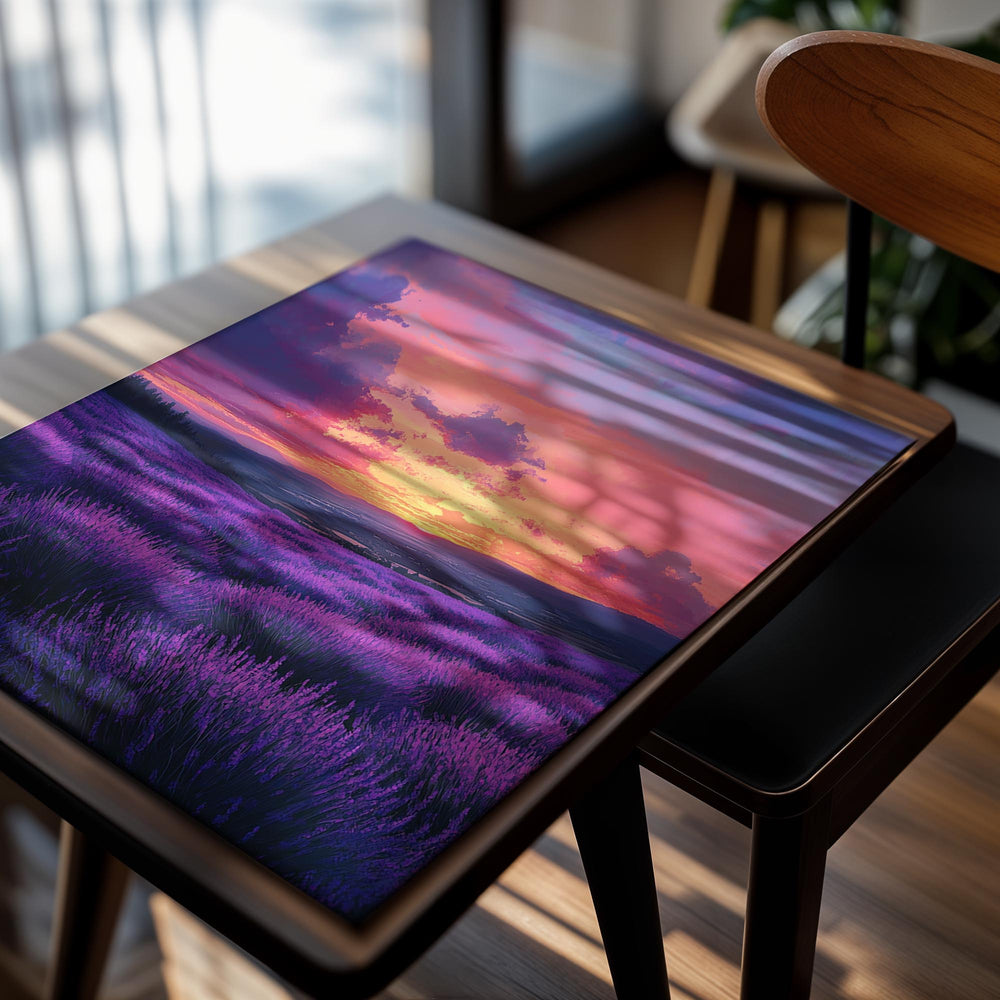 Lavender field with a vibrant sunset sky, as a premium aluminum metal print from GoMetalPrint.
